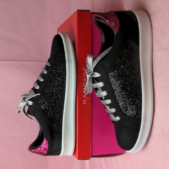 Rampage Black and Pink Lane Sparkly Glitter Sneakers with Silver Laces size 8 - Picture 1 of 9